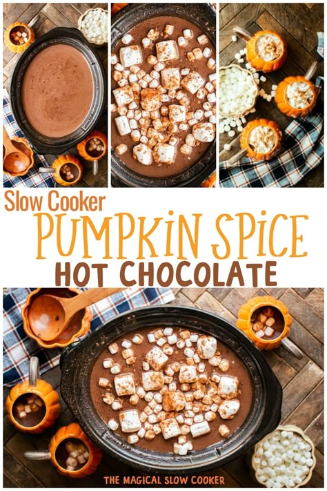 Slow Cooker Pumpkin Spice Hot Chocolate is what to serve at your next holiday party! - The Magical Slow Cooker Slow Cooker Pumpkin Hot Chocolate, Pumpkin Spice Hot Chocolate Crockpot, Pumpkin Spice Hot Chocolate Recipe, Fresh Cherry Cobbler Recipe, Pumpkin Spice Hot Chocolate, Crockpot Drinks, Yogurt Flatbread, Spice Hot Chocolate, Pumpkin Hot Chocolate