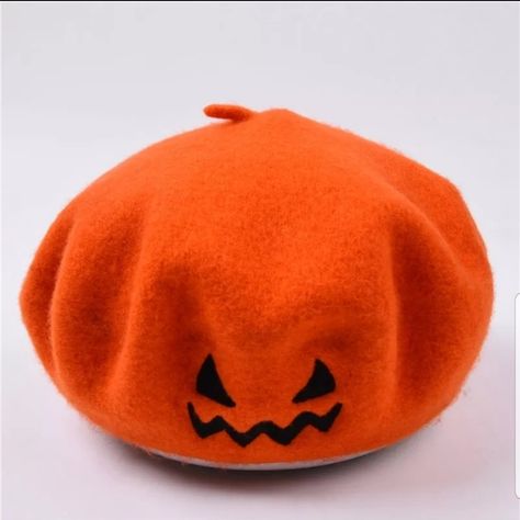 Halloween Orange Fall Jack o' lantern Wool Beret Hat! New! Pumpkin Beret, Pumpkin Face Designs, Cute Beret, Kawaii Hat, French Hat, Hat Png, Halloween Hat, Jack O'lantern, Pumpkin Hat