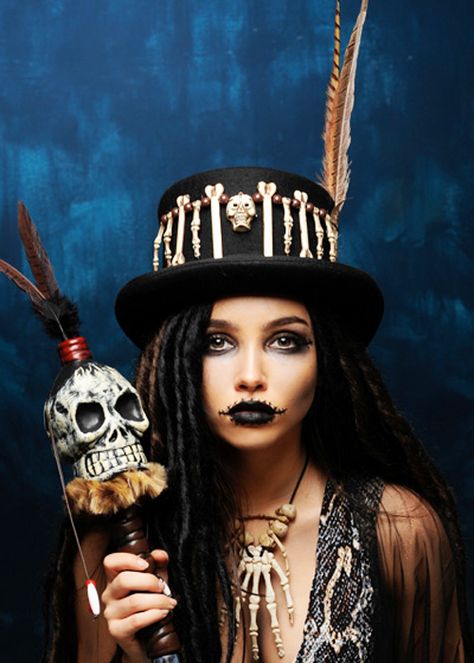 Voodoo Costume Makeup, Top Hat Costume Woman, Female Voodoo Priestess, Diy Witch Doctor Costume Women, Womens Witch Doctor Costume, Halloween Voodoo Costume, Voodoo Witch Makeup Halloween, Voodoo Witch Costume Diy, Voodoo Dolls Costume