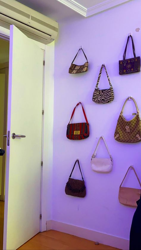 Bags Hanging On Wall Aesthetic, Purses On Wall Aesthetic, Purses Hanging On Wall, How To Hang Bags In Room, Bag Wall Display, Purse Wall Display Bedroom, Purses On Wall, Purse Organization Wall, Purse Wall Display