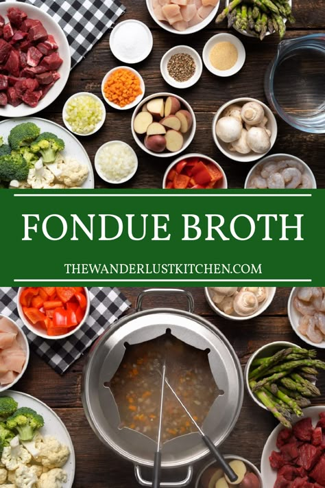 Chinese Fondue Broth, Fondue Meat Cooking Times, Broth Fondue Dippers Ideas, Broth Fondue Ideas, Fondue Broth Recipes Meat, Broth For Fondue Meat, Chicken Broth Fondue Recipes, Broth Fondue Dippers, Melting Pot Fondue Recipes Broth