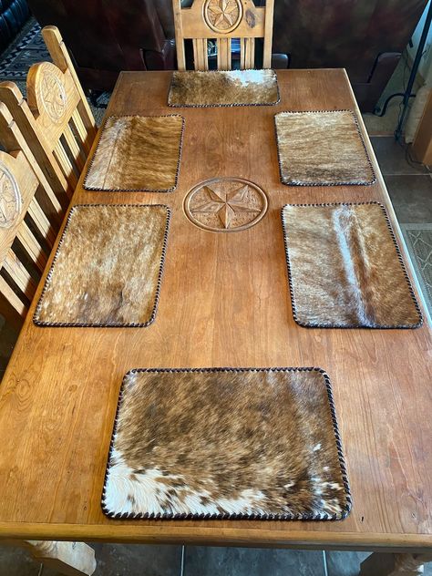 Cowhide Placemats With Leather Whip Stitching - Etsy Cowhide Ideas, Cowhide Placemats, Placemats Diy, Cowboy Home Decor, Western House, Cowhide Decor, Cowhide Furniture, Diy Placemats, Ranch House Decor