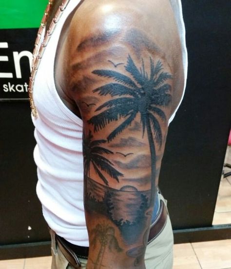 Beautiful Palm Tree Tattoo Designs And Meaning Palm Trees Tattoo Men, Beach Scene Tattoo, Tattoos Beach, Beach Inspired Tattoos, Ocean Sleeve Tattoos, Hawaii Tattoo, Palm Tattoo, Tree Sleeve Tattoo, Beach Tattoos