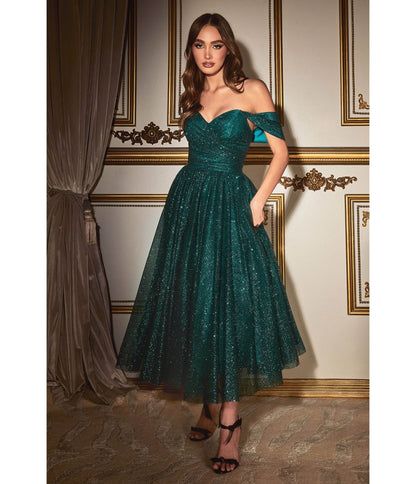 Cinderella Divine  Emerald Green Glitter Off The Shoulder Tea Length Dress Tea Length Prom Dress, Short White Dress Wedding, Knee Length Wedding Dress, Tea Length Dress, Mini Wedding Dresses, Cinderella Divine, Layered Tulle Skirt, Formal Party Dress, White Short Dress