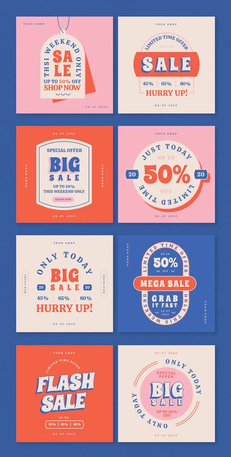 Retro Sale Web Banner & Badges Templates - Size 1080×1080 px Website Sale Banner, Sales Template Design, 25 Off Sale Graphic, Web Banner Ideas, Sale Graphic Social Media, Facebook Ads Design Ideas Creative Advertising, Sales Banner Design, Promotional Banner Design, Discount Design Ideas