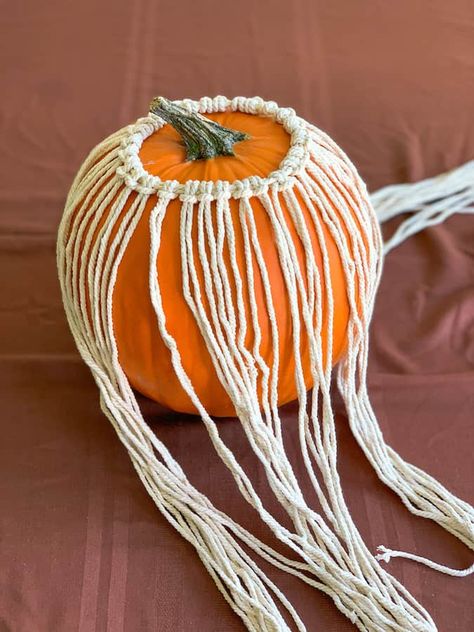 How To Make A DIY Macrame Pumpkin Cover - Joyful Derivatives Thanksgiving Macrame Ideas, Macrame Pumpkin Diy, How To Make Macrame Pumpkin, Macrame Pumpkin Tutorial, Macrame Fall Diy, Fall Macrame Ideas Diy, Macrame Fall Projects, Macrame Pumpkin Wreath, Dollar Tree Macrame Pumpkin