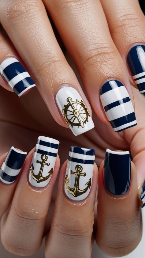 35 Summer Nail Art Designs : Perfect For Matching Swimsuits Nautical Nail Designs, Summer Nail Art Designs, Nautical Nails, Summer Nail Art, Nail Art Designs Summer, Inspired Nails, Ship Wheel, Striped Nails, Beach Nails