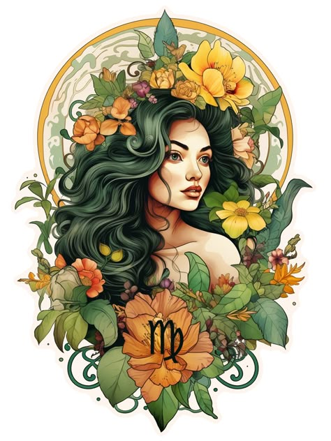 Green and Yellow Virgo Portrait in Art Nouveau Style. #Virgo #Zodiac #EarthSign #Earth #Green #Gold #Orange #Yellow #Flower #Floral #Art #DigitalArt #ArtNouveau #Beauty #Woman #Nouveau Animal Spirit Tattoo, Virgo Pictures, Virgo Flower, Virgo Tattoo Designs, Virgo Goddess, Virgo Art, Virgo Girl, Virgo Tattoo, Earth Green