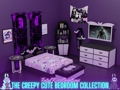 Creepy Cute Bedroom, Pastel Goth Room, Emo Decor, Sims 4 Cc Goth, Goth Vibes, Cute Bedroom, Sims 4 Clutter, Sims 4 Bedroom, Sims 4 Download