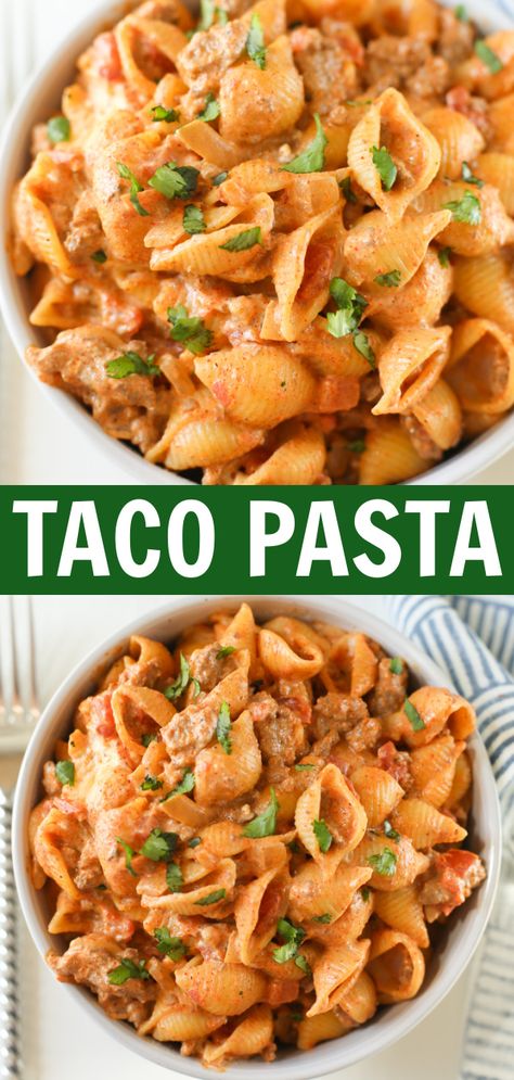 Creamy Taco Pasta is the perfect easy weeknight dinner that's ready in less than 30 minutes! Pasta with ground beef in a creamy sauce full of taco flavor. Taco Pasta Recipes Easy, Mexican Food Recipes With Ground Beef, Creamy Taco Pasta, Pasta With Ground Beef, Taco Pasta Recipes, Asian Steak Bites, Fake Ginger, Dude Food, Ground Beef Pasta