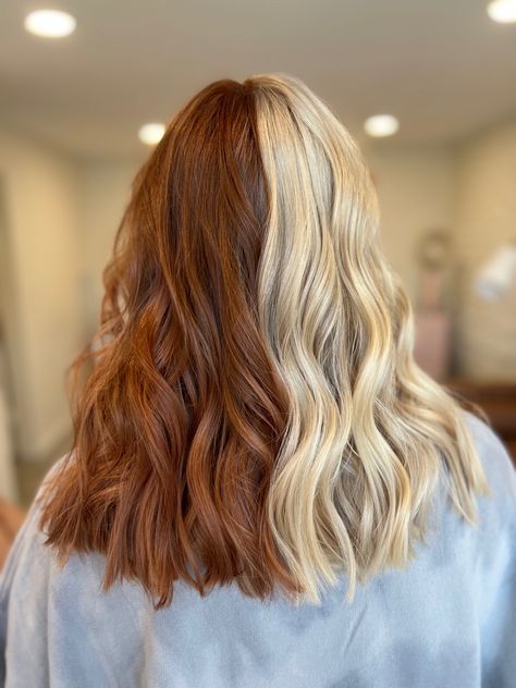 Half warm blonde & half copper red Copper And Platinum Split Dye, Copper Blonde Split Dye, Ginger Blonde Split Dye, Half Blonde Half Copper, Copper Hair With Blonde Halo, Half Copper Half Blonde Hair, Color Block Bob, Half Blonde Half Red Hair, Half Red Half Blonde Hair