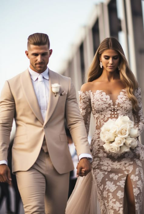 A figure exuding confidence and style in a beige suit, reminiscent of Daniel Jaems' signature style. The textured detail and high-quality finish, combined with a palette of white and beige, evoke a sense of sophistication and happiness. Beige Bride Dress, Champagne Wedding Suit, Light Tan Suit Wedding, Groom Beige Suit Wedding, Beige Suit Wedding, Groom Suit Beige, Champagne Tux, Black Beige Wedding, Beige Groom Suit