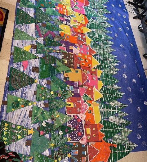 Collaborative Holiday Art Projects, Winter Murals Art Projects, Christmas Display School, Winter Art Display, Winter Collaborative Art Projects, Pre K Christmas Art Projects, December Elementary Art Projects, Christmas Murals School, Collaborative Mural For Kids