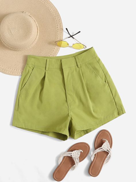 Lime Green Casual Collar  Fabric Plain Wide Leg Embellished Non-Stretch Spring/Summer/Fall Women Bottoms Short Verde, Red Leather Pants, Lime Green Shorts, Spring Shorts, Leather Pants Women, Beige Style, Women Shorts, Shorts Casual, Color Shorts