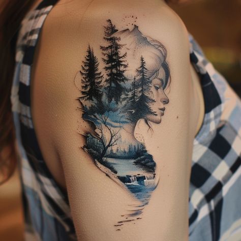 A beautiful synthesis of human and natural elements, the tattoo on the upper arm portrays a serene female profile seamlessly merging with a tranquil forest Back Cover Up Tattoos For Women Upper, Unique Upper Arm Tattoos For Women, Arm Tattoo Designs For Women, Upper Arm Tattoos For Women, Blue Tattoos, Natur Tattoo Arm, Shoulder And Arm Tattoo, Cover Up Tattoos For Women, Unique Half Sleeve Tattoos