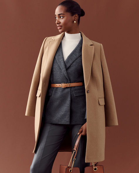 Impeccably tailored, this covetable classic instantly elevates your cool weather wardrobe. Notched lapel. Long sleeves with functional sleeve buttons for added styling options. One-button front. Front flap besom pockets. Back vent. Lined. Outfits for at work. Endless office outfits for your M-F by Ann Taylor. Camel Winter Coat, Ann Taylor Outfit, Chesterfield Coat, Work Clothing, Business Casual Outfits For Women, Petite Coat, Womens Business Casual, Petite Jacket, Flattering Dresses