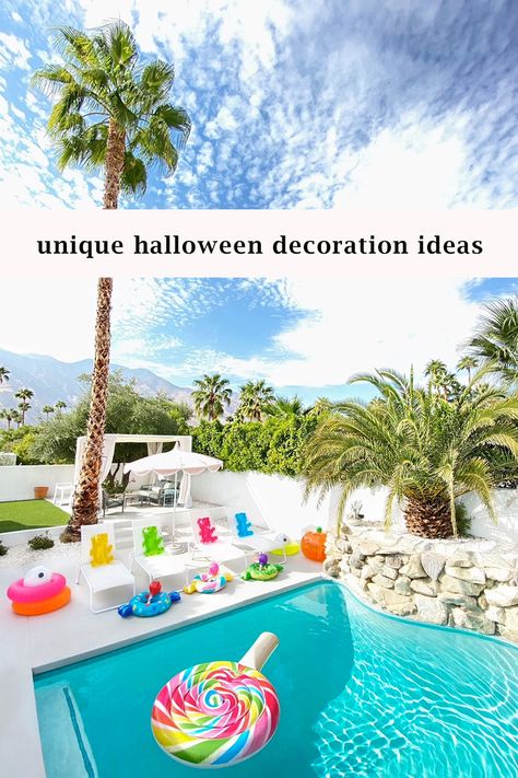 Pink Doors, Pink Week, Palm Springs Decor, Giant Lollipops, Unique Halloween Decorations, Blow Up Pool, Pool Chaise, Inflatable Pumpkin, Cute Halloween Decorations