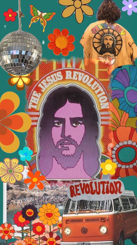 #jesus #jesusisking #peace #hippie #shuffle #shufflefyp #inspo #collage #pin #pinterest #christian #christiangirl Groovy Christian Aesthetic, 70s Christian Aesthetic, Jesus Revolution Aesthetic, Retro Hippie Wallpaper, Christian Collage Wallpaper, Jesus Hippie, Christian Hippie, 70s Collage, Jesus Collage