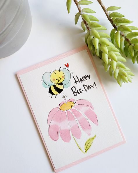 Handpainted, handmade watercolour birthday card. Cute little bee to brighten someone's special day Watercolour Birthday Card, Bee Watercolor, Watercolor Birthday Card, Bee Day, Watercolor Birthday Cards, Watercolor Birthday, Cute Happy, Watercolor Cards, Special Day