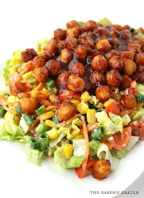 The Garden Grazer: BBQ Chickpea Chopped Salad with Avocado Ranch Chickpea Chopped Salad, Garden Grazer, Bbq Chickpeas, Avocado Ranch, Salad With Avocado, Chickpea Recipes, Chopped Salad, Meatless Meals, Vegan Foods