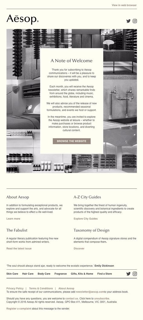 An Aesop welcome - Really Good Emails Email Newsletter Inspiration, Newsletter Design Layout, Mailchimp Design, Edm Design, Newsletter Ideas, Email Layout, Newsletter Layout, Newsletter Inspiration, Welcome Emails