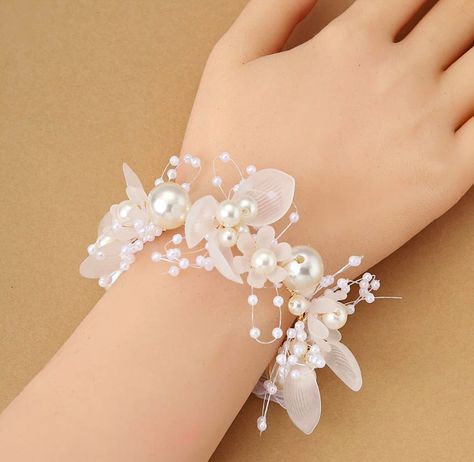 Pearl Corsage, Bracelet Corsage, Corsage Ideas, Wrist Flowers, Corsage Wedding, Ivory Pearl, Bridal Bracelet, Flower Bracelet, Wired Ribbon