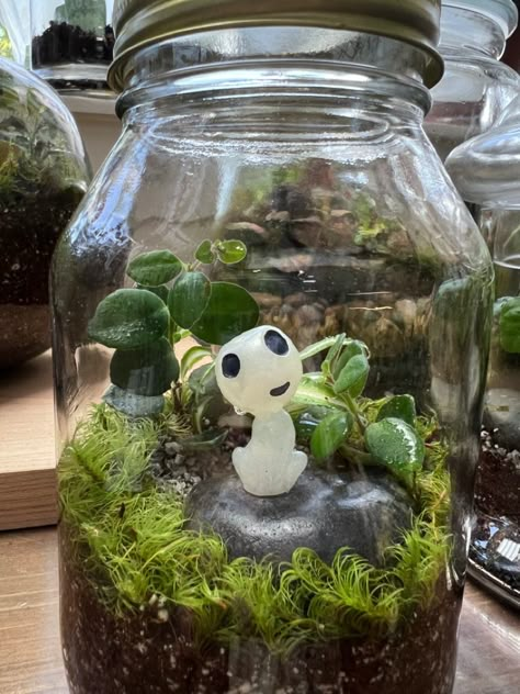 Kodama figurine inside a terrarium Kodama Terrarium, Ghibli Terrarium, Simple Terrarium, Ghibli Aesthetic, نباتات منزلية, Plant Terrarium, Draw Ideas, Moss Terrarium, Fairy Cottage