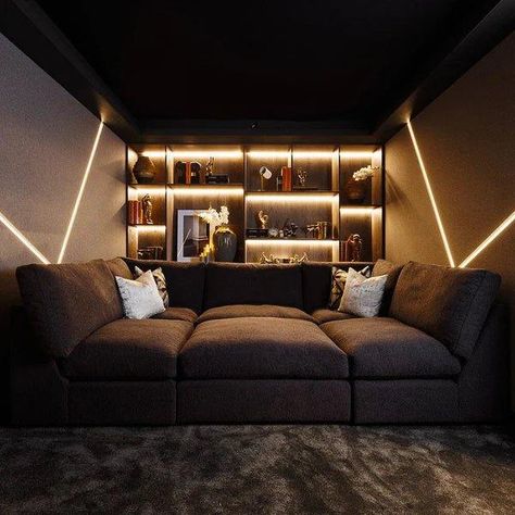 Family Cinema Room, Home Statement Pieces, Loft Sofa Ideas, Gaming Room Sofa, Loft Tv Room Ideas, U Shape Sofa Living Room, Cozy Tv Room Ideas, Dark Contemporary Living Room, Small Cinema Room Ideas