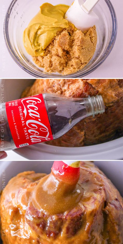 You'll love this simple and delicious Coca-Cola Ham made in either the slow cooker or the oven. It makes holiday prep so easy! Coco Cola Glazed Ham, Cola Ham Slow Cooker, Crockpot Coke Ham, Baked Ham Recipes With Coke, Crockpot Ham With Coke Coca Cola, Coca Cola Glazed Ham, Coke Ham In Oven, Ham With Coke And Brown Sugar, Coca Cola Ham Crockpot