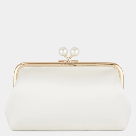 Anya Hindmarch Maud Pearl-Embellished Satin Clutch Bag in Ivory as carried by Kate Middleton, The Duchess of Cambridge