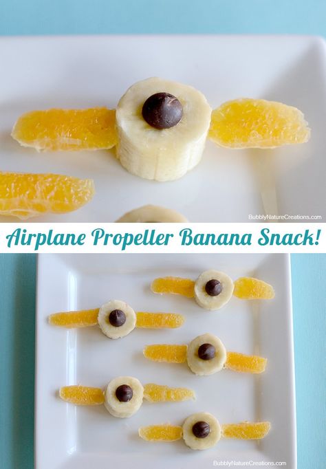 Airplane Propeller Banana Snack!  Try it with a blueberry    *Aviation Day 8/19 Pilot Party, Time Flies Birthday, Planes Birthday Party, Banana Snacks, Planes Birthday, Airplane Propeller, Planes Party, Airplane Theme, Airplane Birthday Party