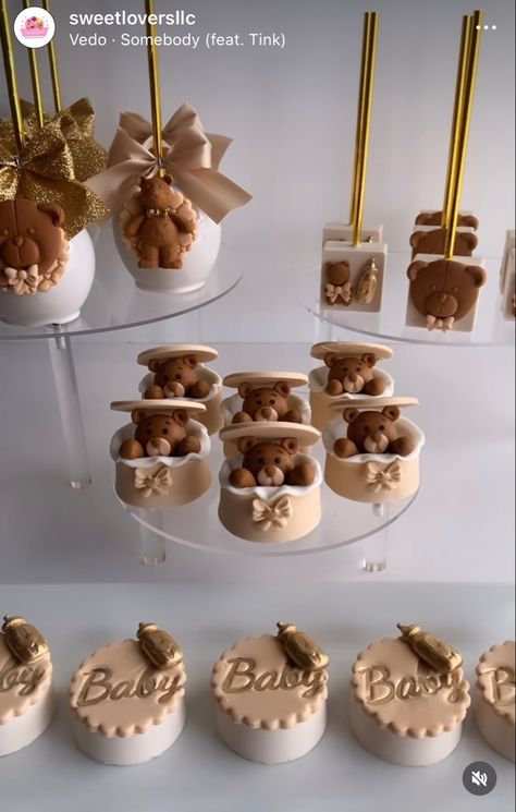 Can Bearly Wait Dessert Table, We Can Bearly Wait Treats, Teddy Bear Baby Shower Dessert Table, Beige Baby Shower Ideas, Teddy Bear Dessert Table, Bear Cake Pops, Classy Baby Shower, Bear Baby Shower Theme, Bear Cupcakes