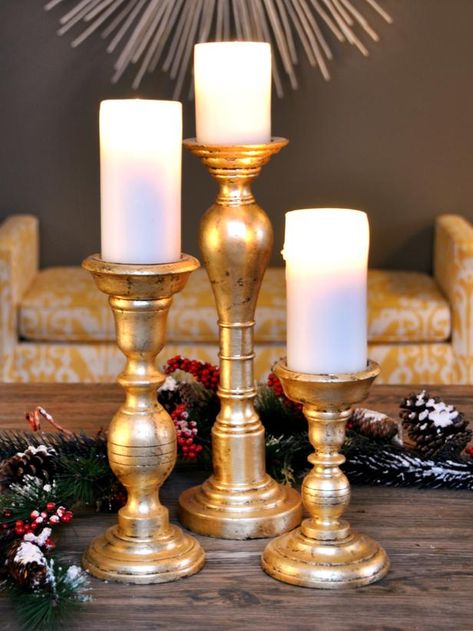 How to Make Gold-Leafed Holiday Candlesticks Christmas Candlesticks, Leaf Projects, Gold Christmas Decorations, Wooden Candle Sticks, Wood Candle Sticks, Diy Christmas Decorations Easy, Navidad Diy, Gold Diy, Gold Candles