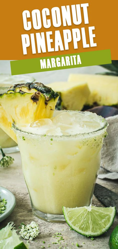 Coconut pineapple margarita with a sugared rim and pineapple wedge. Pineapple Coconut Margarita, Pineapple Margarita Recipe, Coconut Tequila, Coconut Margarita, Fruity Cocktail, Pineapple Margarita, Tequila Drinks, Classic Margarita, Boozy Drinks