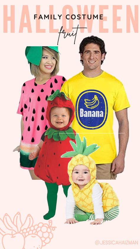 Simple yet cute family halloween costume for family with babies and toddlers! Family Fruit Costumes, Simple Family Halloween Costumes, Fruit Costumes, Family Halloween Costume, Halloween Costumes For Family, Banana Sticker, Funny Fruit, Sticker Funny, Family Halloween Costumes