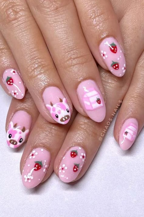 Cute Cow Nails, Pink Cow Nails, Nail Polish Ideas Easy, Match Nails, Strawberry Nail Art, Cow Nails, College Aesthetic, Colorful Nails, Her Nails