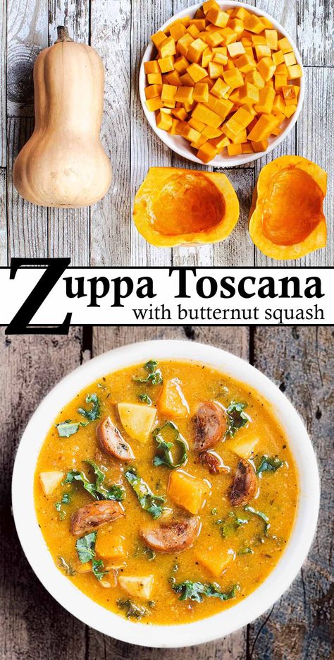 Zuppa Toscana soup with butternut squash Italian Sausage Squash Soup, Butternut Squash Sausage Soup, Soup With Butternut Squash, Squash Potatoes, Butternut Squash Sausage, French Toast Sticks Recipe, Sausage And Kale Soup, Zuppa Toscana Soup, Tuscan Soup