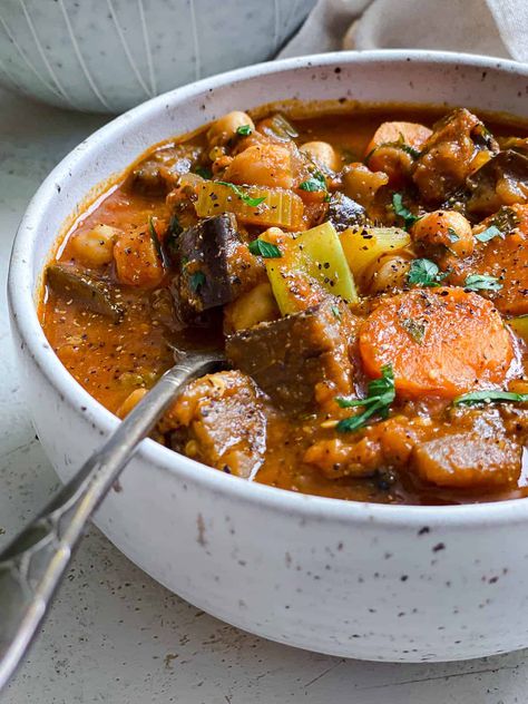 This Eggplant Stew is packed with flavor, fiber, & plant-based protein but made entirely of affordable kitchen staples! So easy to make and perfect for a weeknight comfort meal! #plantbasedonabudget #eggplant #stew Guyana Recipes, Stew With Tomatoes, Eggplant Stew, New Recipes For Dinner, Kitchen Staples, Affordable Kitchen, Chickpea Stew, Eggplant Recipes, Healing Food