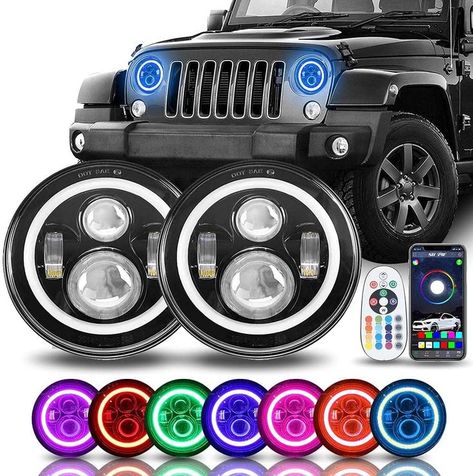 7" Halo LED Headlights for Wrangler Best Jeep Wrangler, 2017 Jeep Wrangler Unlimited, 2011 Jeep Wrangler, Cool Jeeps, Bluetooth Remote, Jeep Wrangler Tj, Projector Headlights, Jeep Gladiator, Jeep Wrangler Unlimited