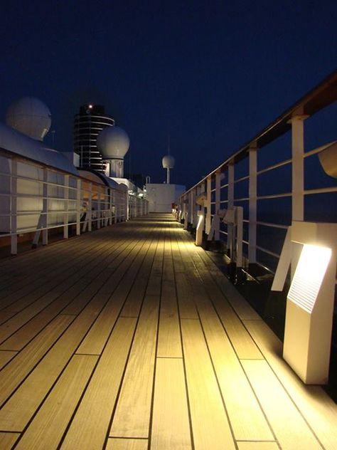 Night deck view on the ms #Noordam via Joan K. #ViewsonDeck Cruise Ship At Night, Costa Cruises, Holland America Line, Deck Boat, Suite Life, Patio Inspiration, Holland America, Senior Trip, Deck Lighting