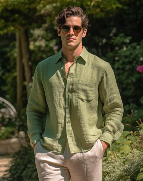 Discover the perfect summer look with our Men's Green Linen Shirt FORREST Material: Made from 100% pure, high-quality linen Sustainability: Ethically sourced and sustainable Craftsmanship: Custom tailored by expert tailors Sizing: Advanced sizing for a perfect fit, including plus sizes Details: Custom button options for added style Upgrade your wardrobe with this must-have green linen shirt. Read our Care Guide to keep your linen looking fresh. Looking for something Unique? create your own desig Forest Wedding Outfit Men, Must Have Shirts Men, Men’s Linen Looks, Men Sage Green Outfit, Best Casual Shirts For Men, Mens Fashion Italy Fall, Linen Look Men, Summer Shirt Outfit Men, Protective Men Relationships