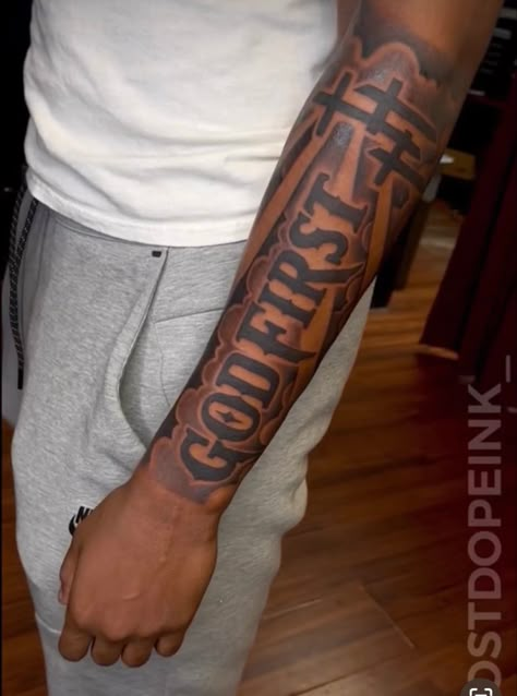 Arm Tats For Guys, Mens God Tattoos, Picture Tattoos Men, Men Tattoos Arm Sleeve Aesthetic, 1of 1 Tattoo, God First Tattoo Men, Back Side Forearm Tattoo, Nice Forearm Tattoos For Men, Tattoo Ideas For Men Dark Skin