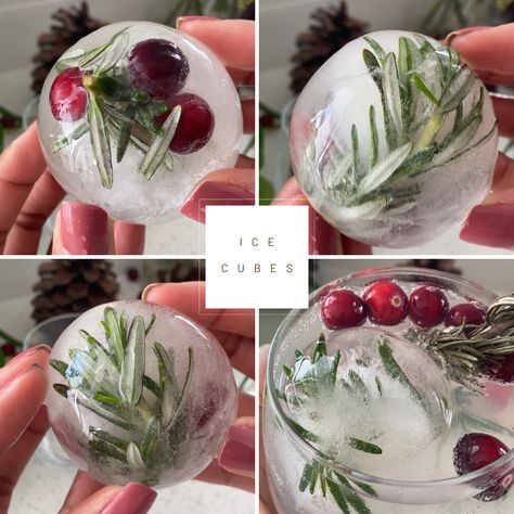 Christmas Ice Balls, Party Ice Cubes, Christmas Ice Cube Ideas, Fancy Ice Cubes For Cocktails, Cranberry Rosemary Ice Cubes, Dry Ice Food Presentation, Ice Molds Ideas, Fancy Christmas Party Ideas, Fall Ice Cubes