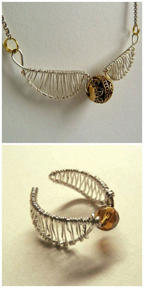 DIY Harry Potter Golden Snitch Jewelry.If you’ve never crafted with wire before, these jewelry pieces may take practice. The good thing is that wire is CHEAP and you can make mistakes.• DIY Golden Snitch Ring Tutorial by emilyvanleemput for... Diy Harry Potter Crafts, Diy Harry Potter, Harry Potter Golden Snitch, Diy Jewelry Rings, Harry Potter Jewelry, Diy Jewelry Tutorials, Bijoux Fil Aluminium, Golden Snitch, Wire Bracelets