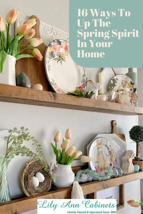 Spring Kitchen Shelf Decor, Shabby Chic Shelf Decor, Easter Shelf Decor Ideas, Spring Hutch Decorating Ideas, Spring Shelf Decor Ideas, Spring Hutch Decor, Easter Shelf Decor, Easter Hutch Decor, Long Shelf Decor