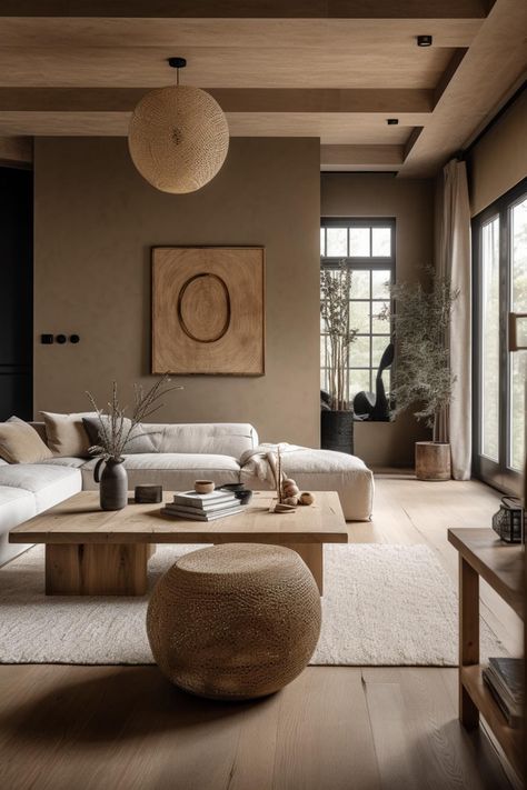 Japandi Country House, East Meets West Interior Design, Rustic Earthy Living Room, Wabi Sabi Living Room Interior Design, Japandi Farmhouse, Japandi Style Interior, Zen Living Rooms, Wabi Sabi Living Room, Japandi Living Room Design