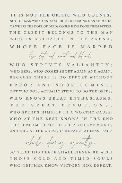 This Digital Prints item by HellodigitalDesign has 4 favorites from Etsy shoppers. Ships from United States. Listed on Jan 27, 2023 Daring Greatly Quote, Man In The Arena Quote, Arena Quote, The Man In The Arena, Man In The Arena, Roosevelt Quotes, Teddy Roosevelt, Theodore Roosevelt, The Arena