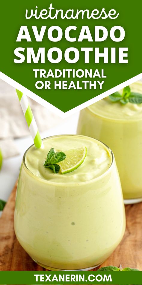 This Vietnamese Avocado Smoothie is simple, sweet, and creamy. This recipe includes options to make it the traditional way with sweetened condensed milk or the healthier paleo and vegan way with maple syrup and coconut milk. Great summer smoothie! Easy Vegan Smoothie Recipes, Creamy Avocado Smoothie, Avocado Smoothie No Banana, Smoothie With Avocado And Banana, Coconut Milk Banana Smoothie, Vietnamese Avocado Smoothie, Healthy Summer Smoothies, Dietary Plan, Coconut Milk Dessert