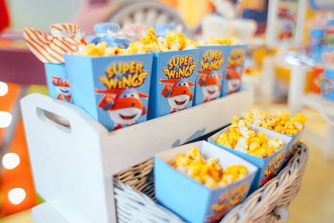 Kara's Party Ideas Colorful Airplane Themed Birthday Party | Kara's Party Ideas Airplane Themed Birthday Party, Wings Party, Airplane Birthday Party, 5th Birthday Party Ideas, Super Wings, Birthday Goodie Bags, Airplane Party, Disney Princess Birthday, Theme Parties