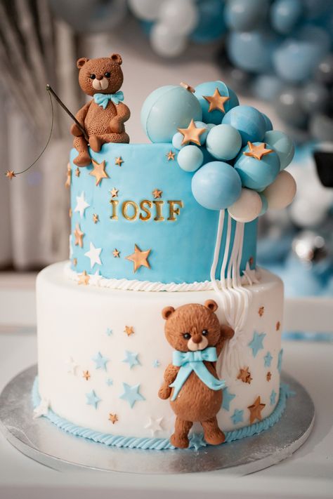 #party #baptism #cake #balloncake Teddy Cake, Teddy Cakes, Gentle Man, Balloon Theme, Candy Birthday Cakes, Candy Birthday, 2 Tier Cake, Teddy Bear Cakes, Baptism Cake